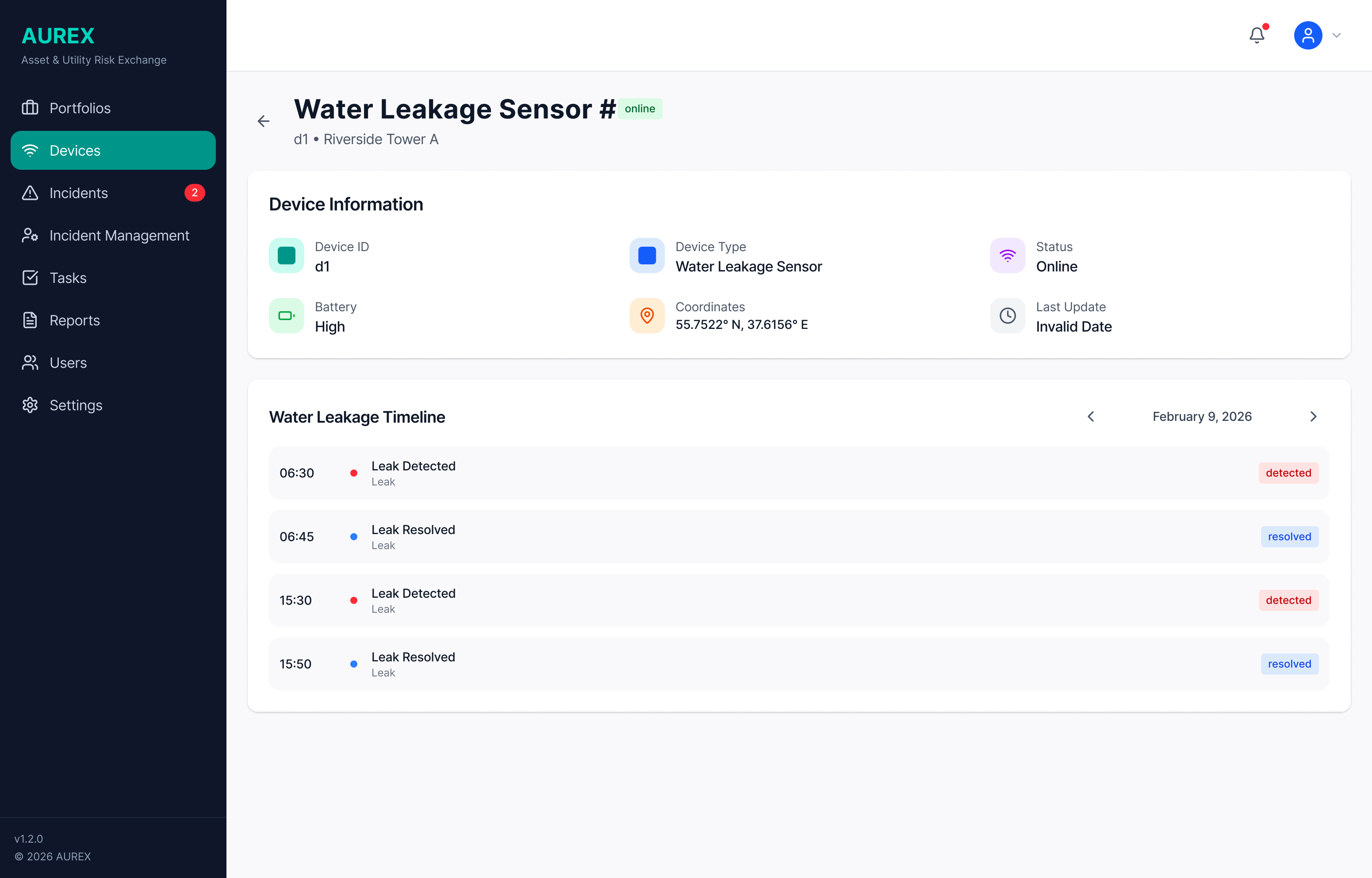 AUREX Leak Sensor Dashboard